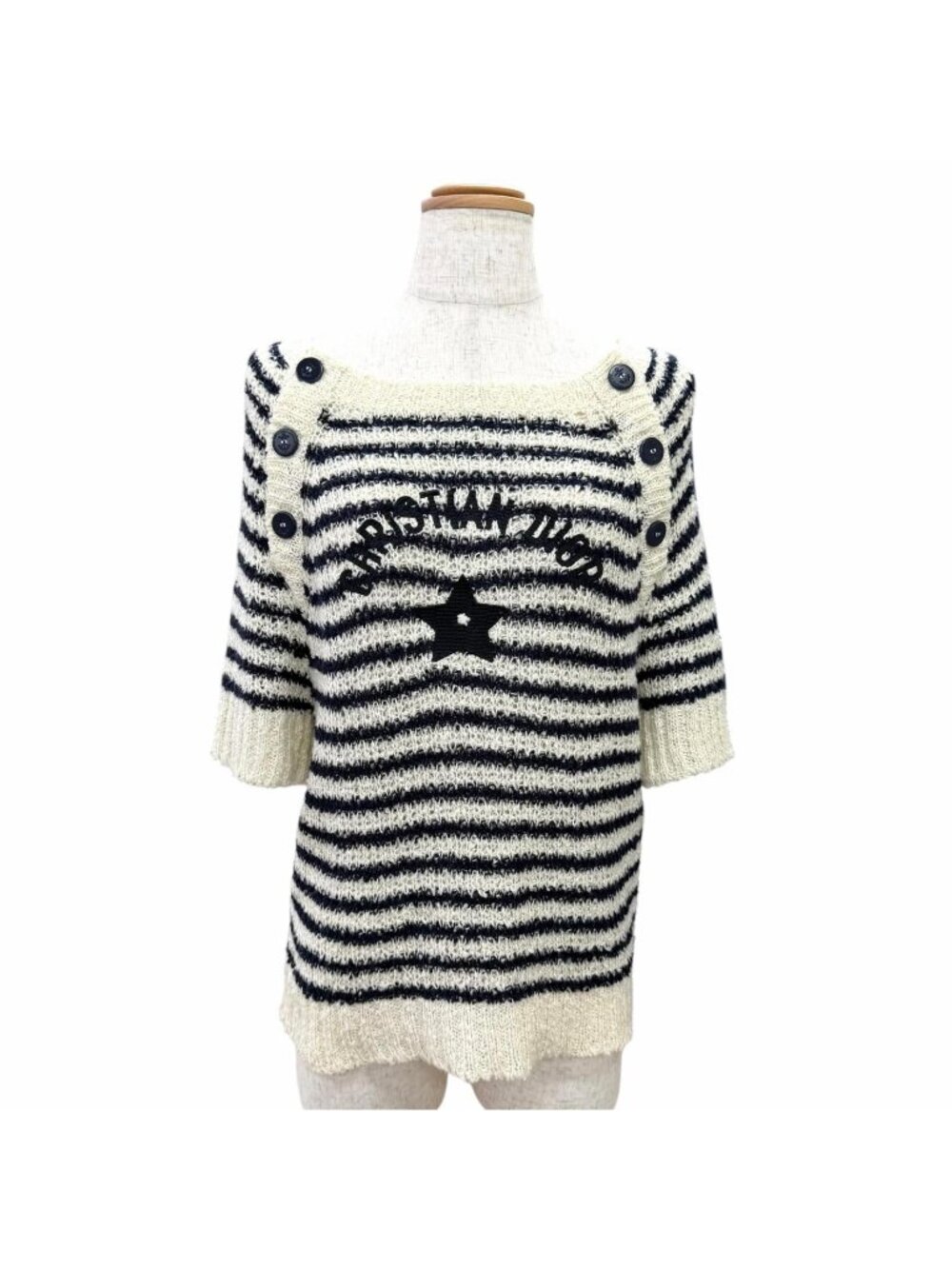 Dior Mariniere Silk Mixed Logo Star Anchor Button Short Sleeve Knit 40 Sweater